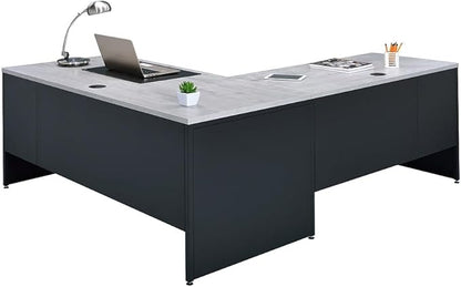 nbf signature series Modern L-Shaped Reversible Executive Office Desk - Black, Oak - 66" W x 78" D - Computer Desk with 4 Lockable Drawers - Home Office