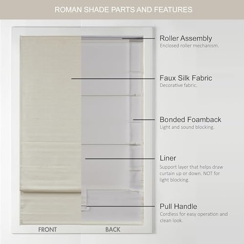 Madison Park Cordless Roman Shades Faux Silk Shade with Sheen 1-Panel Privacy, Room Darkening, Energy Efficient, Thermal Insulated Window Blind for Bedroom, Living Room Décor, 39"W x 64"H Como, Ivory