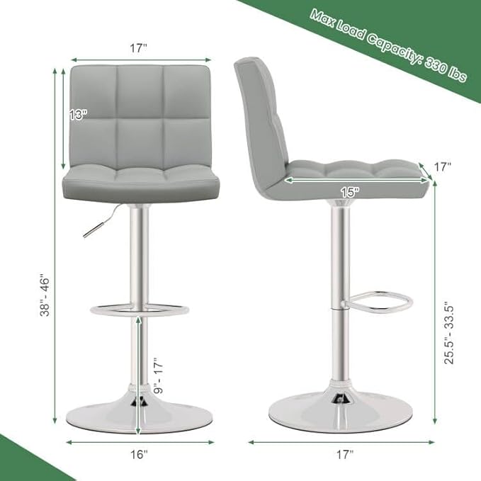 COSTWAY Bar Stools Set of 2, Modern Swivel Adjustable Height PU Leather Barstools with Back, Square Armless Counter Height 2-Pack Bar Chair for Kitchen Island Dining Living Bistro Pub Counter, Grey