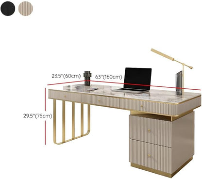 RUNNUP Stone top Computer Desk with 5 Drawers, Rectangular Home Computer Desk Writing Desk, Modern Executive Desk, Without Chairs, Black, 63" L x 23.5" W x 29.5" H