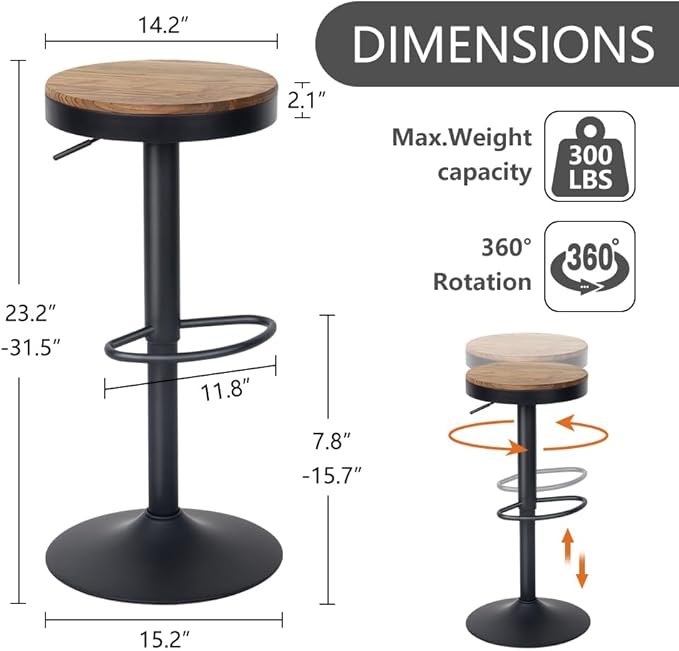 Kidol & Shellder Bar Stools Set of 4 Round Adjustable Swivel Barstools Modern Backless Bar Chairs Wooden Seat Counter Height Stools Armless for Kitchen Island, Cafe, Dining Room Black