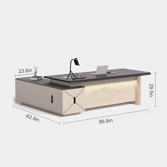 86IN L-Shaped Executive Desk with Drawer Cabinet, Executive Office Desk with LED Strip & Exquisite Handle & Fashionable Pattern Design
