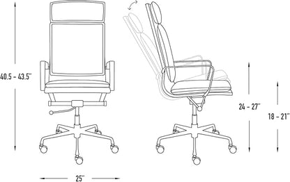 Laura Davidson Furniture Lexi II Padded Office Chair - Tall Back Desk Chair with Aluminum Arm Rest, Swivel & Cushion Availability, Made of Faux Leather, Blue, Computer Chair