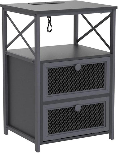 VECELO Black End Table with USB Ports and Outlets,24 Inch Nightstands with Charging Station and Storage Shelf for Bedroom,Living Room, 1 Set