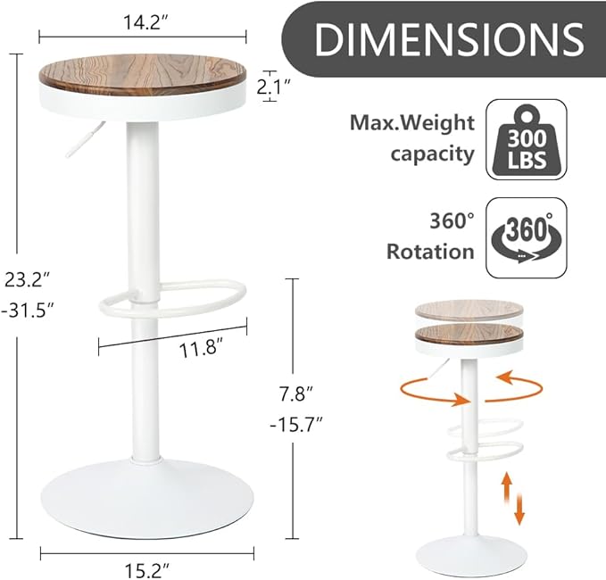 Kidol & Shellder White Bar Stools Set of 6 Adjustable Swivel Backless Barstools Modern Round Counter Height Stools Wooden Seat Armless Bar Chairs for Kitchen Island, Cafe, Dining Room