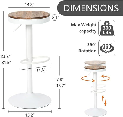 Kidol & Shellder White Bar Stools Set of 6 Adjustable Swivel Backless Barstools Modern Round Counter Height Stools Wooden Seat Armless Bar Chairs for Kitchen Island, Cafe, Dining Room