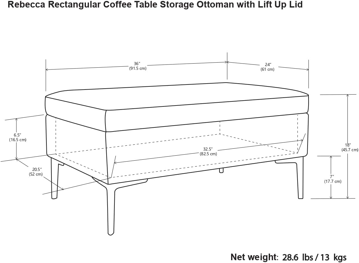 SIMPLIHOME Rebecca 36 inch Wide Mid Century Rectangular Coffee Table Storage Ottoman with Lift Up Lid in Slate Grey Polyester Linen Look, Assembled, for The Living Room, Entryway and Family Room