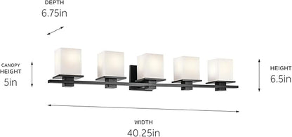 KICHLER Tully 40.25" 5-Light Vanity Light with Satin Etched Cased Opal Glass in Black for Over a Vanity, Soft Modern Style, (40.25" x 6.5" x 7"), 45193BK
