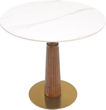 Sintered Stone Office Table - 33.5" Round Table for Small Offices (Light Brown Leg and White Top, 1 Table Only)