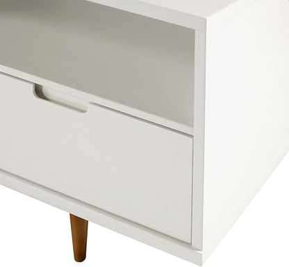 Walker Edison Millie Mid Century Modern 3 Drawer Solid Wood Low Stand for TVs up to 65 Inches, 58 Inch, White
