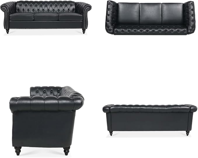 Home Sofa Living Room Furniture, 3 Seater Leather Upholstered Sofa Couch, Modern Comfy Couch with Faux Leather Cushions, Mid Century Tufted Chesterfield Sofas for Bedroom, Office, Apartment (Black)