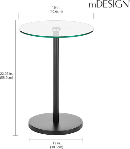 mDesign Glass Top Side/End Drink Table - Tall Modern Round Accent Metal Nightstand Furniture for Living Room, Dorm, Home Office, and Bedroom - 16" Round - Clear/Matte Black