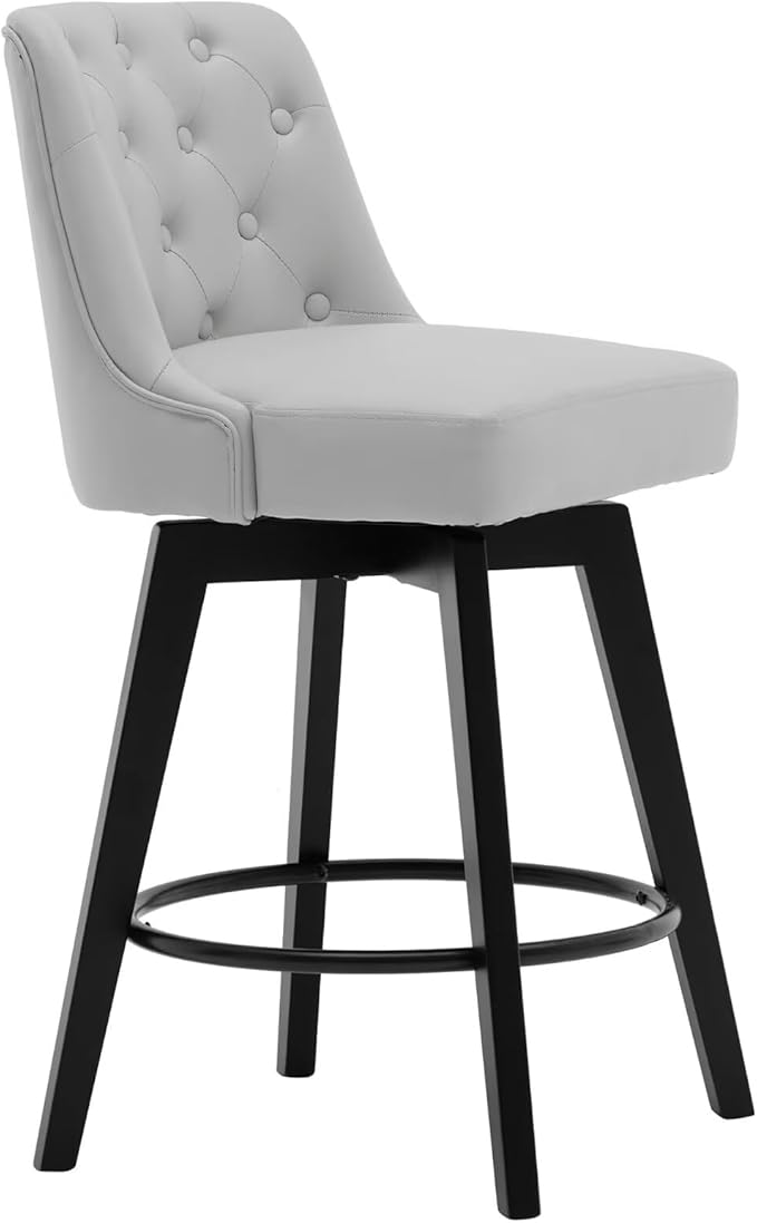 MINCETA Bar Stools Set of 4, PU Leather Barstools, 26 Inch Upholstered Counter Stools with Low Tufted Back and Footrest, Swivel Counter Height Barstools for Kitchen Island Home Bar Light Gray