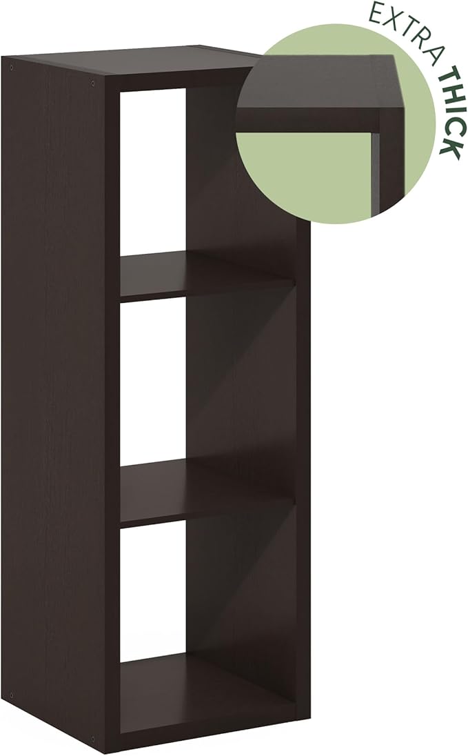Furinno Cubicle Book Shelf, 3-Cube Thick Frame Bookshelf, Horizontally & Vertically Reversible Bookcase with Open Back, 14.6 x 15.9 x 44, for Living Room, Bedroom, Home Office, Black Dark Oak
