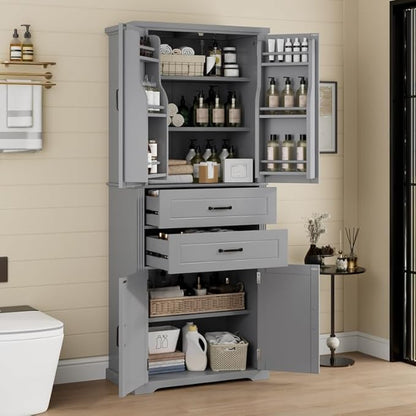 Polibi Elegant Storage Cabinet with Adjustable Shelves - 2 Drawers, 5 Interior Shelves & 6 Small Shelves, for Living Room/Bathroom, Gray