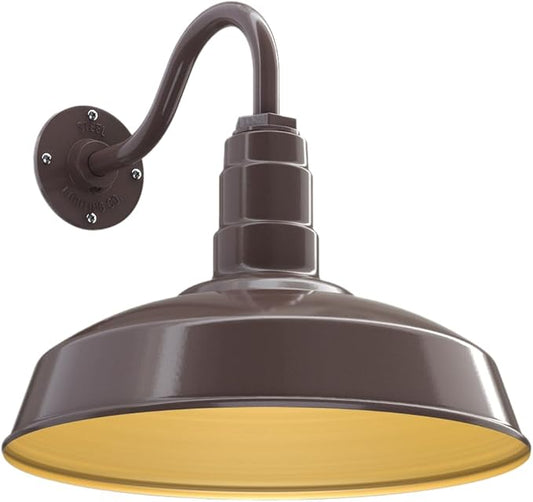 Steel Lighting Co. Gardena Barn Light | Outdoor Wall Mounted | 16" Dome | 11" Gooseneck | Farmhouse Light Made in America | Dark Bronze Exterior/Brass Interior