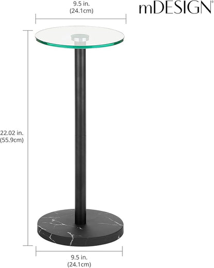 mDesign Glass Top Side/End Drink Table - Small Modern Round Accent Metal Nightstand Furniture for Living Room, Dorm, Home Office, and Bedroom - 9" Round - Clear/Matte Black Marble Print