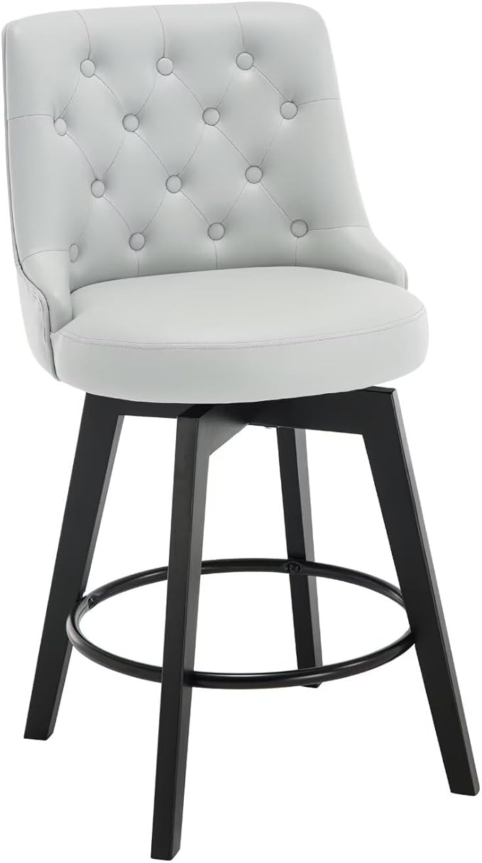 MINCETA Set of 2 Upholstered Bar Stools - 26 Inch Swivel Counter Height Stools with Low Tufted Back, Footrest & Performance Fabric - Round Seat for Kitchen Island & Home Bar Light Gray