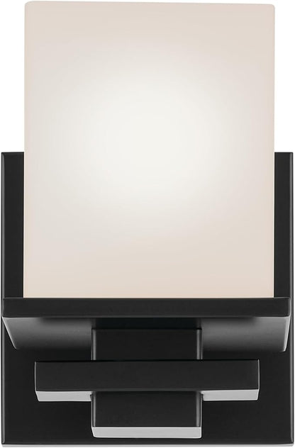 KICHLER Tully 6.5" 1-Light Wall Sconce with Satin Etched Cased Opal Glass in Black for Vanity, Living Room, Dining Room, Bedroom, Laundry Room, Mudroom, Hallway, Stairwell (6.5 x 5 x 7), 45149BK