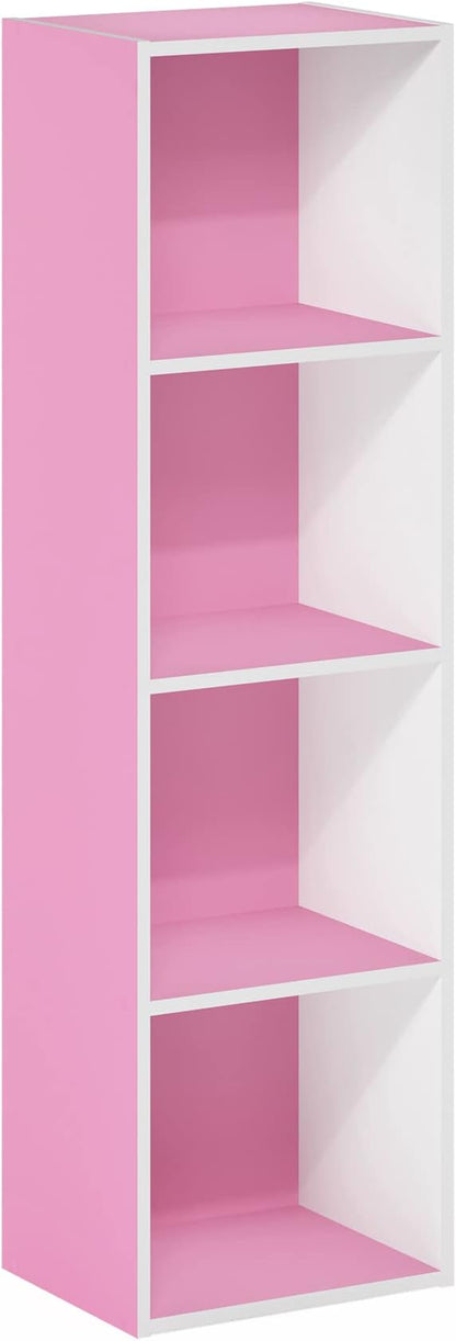 Furinno PASIR Book Shelf, 4-Tier Modern Bookshelf, Open Shelves Bookcase 9 x 12 x 42, for Living Room, Bedroom, Home Office, Pink/White