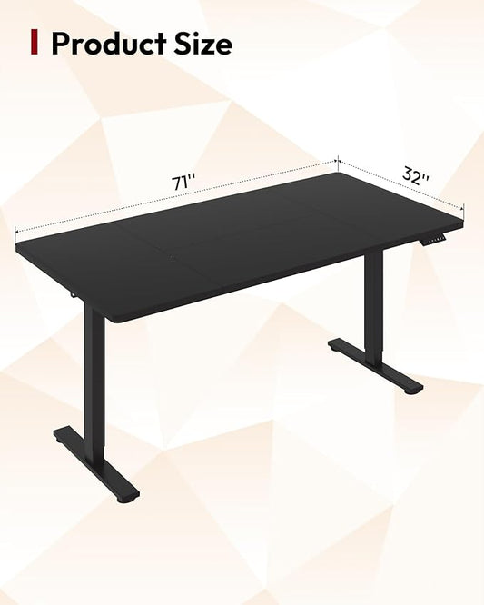 SANODESK Electric Standing Desk 71 x 32 Inches Height Adjustable Stand Up w/6-Button Controller Ergonomic Computer Desk with Splice Board for Home Office, Black Frame + Black Tabletop