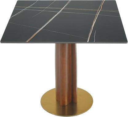 Sintered Stone Square Office Table - Meeting Desk for Small Offices (Walnut‌ Leg and Black Top, 1 Table Only)