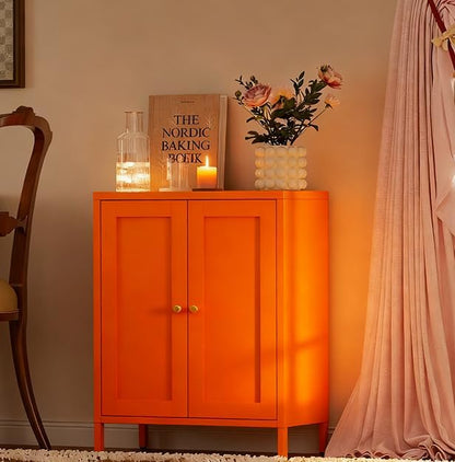 Orange Metal Sideboard Cabinet, Small Bathroom Storage Cabinets, Metal Storage Cabinet with 2 Doors and Adjustable Shelves for Kitchen Dining Room Living Room, Entryway,Office