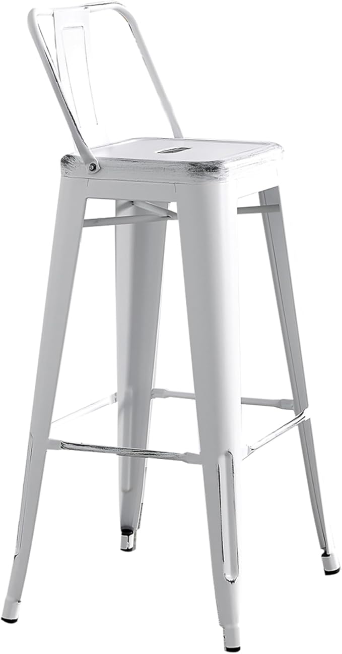 AC Pacific 30” Metal Barstool Set of 2 – Country Rustic Style with Low Back, Lightweight & Sturdy Build, Easy Assembly – Distressed White