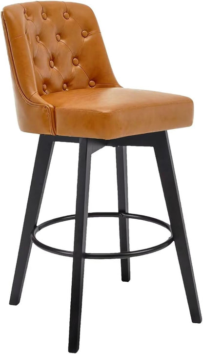 MINCETA Bar Stools Set of 2, PU Leather Barstools, 26 Inch Upholstered Counter Stools with Low Tufted Back and Footrest, Swivel Counter Height Barstools for Kitchen Island Home Bar Brown