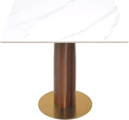 Sintered Stone Square Office Table and Chair Set - Meeting Table for Small Offices (Walnut‌ Leg and White Top, 1 Table and 4 Chairs)