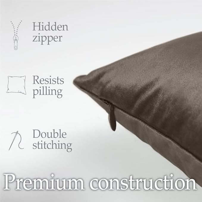 lalaLOOM Velvet Throw Pillow Covers, Set of 2, 18x18 Decorative Square Pillows Home Decor, Soft Accent Cases, Silky Machine Washable Pillowcases for Sofa, Couch, Bedroom, Living Room, Brown