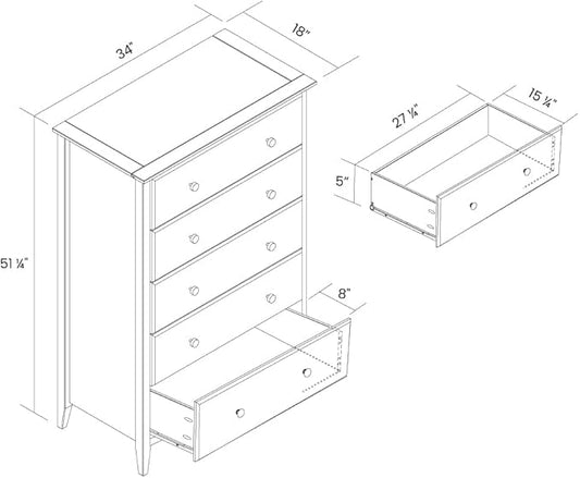 Grain Wood Furniture Greenport 5-Drawer Chest, Solid Wood with Brushed White Finish