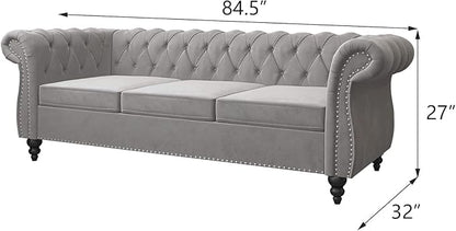 Chesterfield 3 Seater Sofa, Modern Velvet Tufted Couch 3 Seater with Rolled Arms and Nailhead Mid-Century Upholstered Couch for Living Room, Bedroom, Apartment and Office, Grey