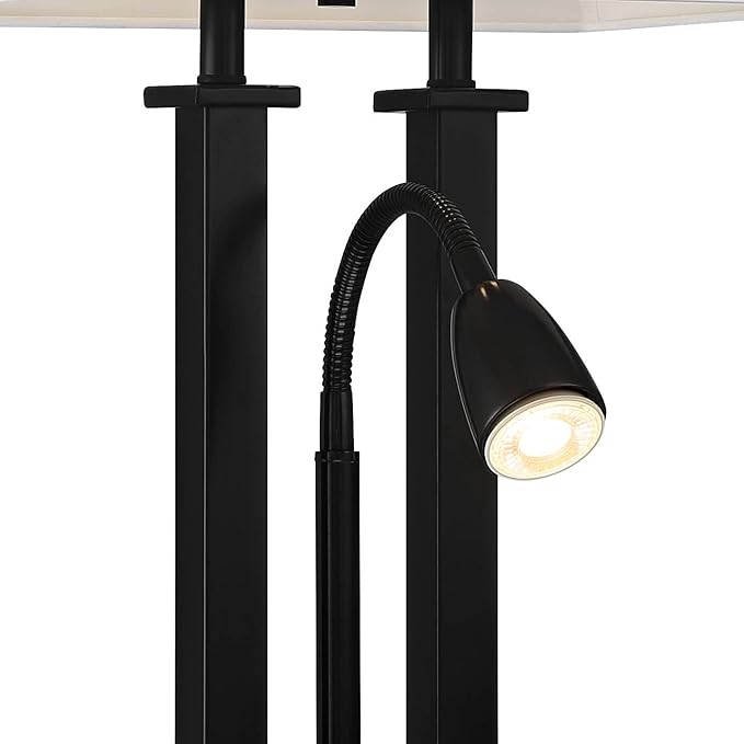 Possini Euro Design Deacon 26" High Industrial Modern Desk Lamps Set of 2 USB Port AC Power Outlet Gooseneck Black Metal Oatmeal Shade Home Office Living Room Charging Bedroom Bedside Nightstand