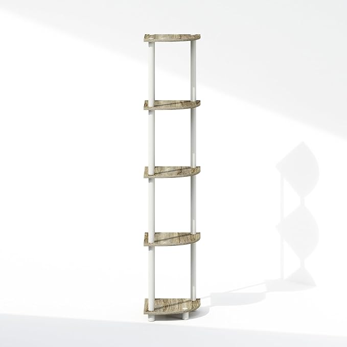 Furinno Turn-N-Tube Corner Shelf, 5-Tier Corner Display Rack, Shelving Unit, for Organization and Storage, Living Room, Home Office, Garage, Bedroom, Sonoma Oak