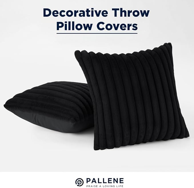 Pallene Faux Fur Plush Throw Pillow Covers 24x24 Set of 2, Luxury Soft Fluffy Striped Decorative Pillow Covers for Sofa, Couch, Living Room, Black
