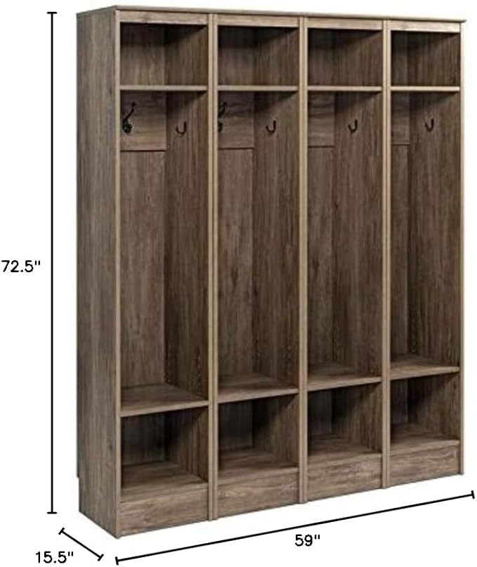 Prepac Narrow Coat Rack Freestanding Hall Tree with 3 Hooks, Entryway Furniture for Coat & Shoe Storage, Entryway Organization with Adjustable Shelf, 14.75"W x 72.5"H x 15.5"D, Set of 4, Drifted Gray