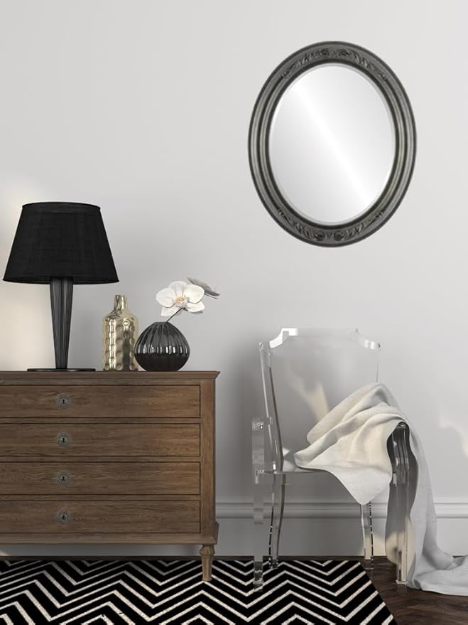 OVALCREST Oval Beveled Wall Mirror for Home Decor - Florence Style - Black Silver - 28" x 24"