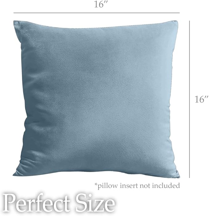 lalaLOOM Velvet Throw Pillow Covers, Set of 2 Decorative Square Pillows Home Decor, Soft Accent Cases, Silky Machine Washable Pillowcases for Sofa, Couch, Bedroom, Living Room, 16x16, Stone Blue