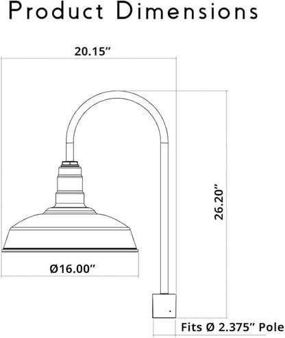 Steel Lighting Co. Gardena Barn Light | Outdoor Pole Top Mounted | 16" Dome | Upslope Gooseneck with Slip Fitter for 2-3/8" Standard Poles | Made in America | Matte Black Exterior/Matte Black Interior