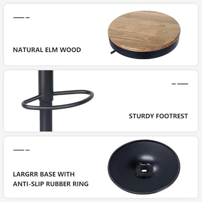 Kidol & Shellder Bar Stools Set of 6 Round Adjustable Swivel Barstools Modern Backless Bar Chairs Wooden Seat Counter Height Stools Armless for Kitchen Island, Cafe, Dining Room Black