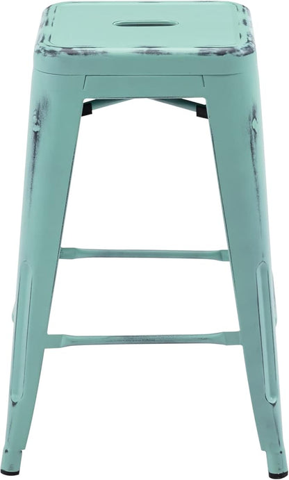 Vogue Furniture Direct 24 Inch Metal Bar Stools, Backless Counter Height Barstools, Indoor Outdoor Stackable Stools with Square Seat, Set of 4 (Distressed Mint Green)