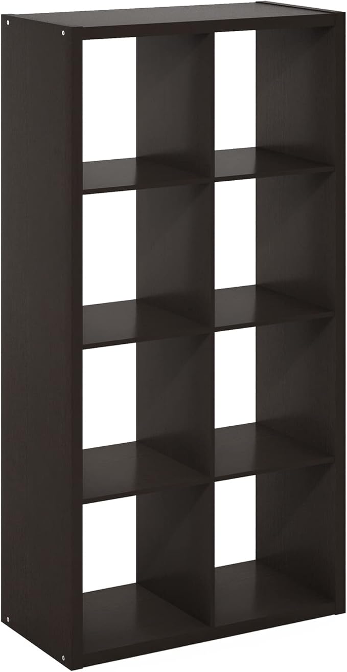 Furinno CUBICLE Book Shelf, 8-Cube Thick Frame Bookshelf, Horizontally & Vertically Reversible Bookcase with Open Back, 14.6 x 30 x 57.9, for Living Room, Bedroom, Home Office, Black Dark Oak