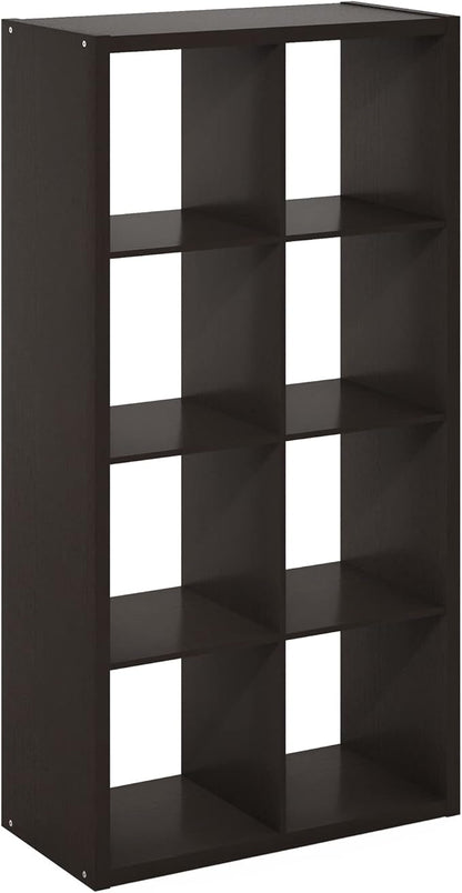 Furinno CUBICLE Book Shelf, 8-Cube Thick Frame Bookshelf, Horizontally & Vertically Reversible Bookcase with Open Back, 14.6 x 30 x 57.9, for Living Room, Bedroom, Home Office, Black Dark Oak