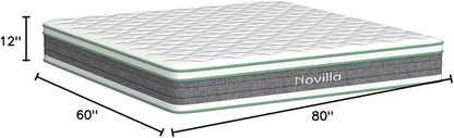 Novilla Queen Mattress, 12 Inch Hybrid Mattress in a Box, Innerspring Mattress with Gel Memory Foam for a Cool Sleep, Pressure Relief, Medium Firm Pillow Top Mattress, Groove