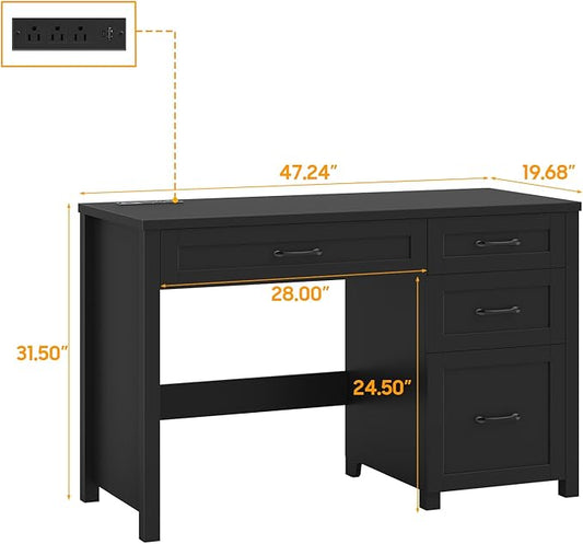 Farmhouse 47" Executive Desk, Computer Desk with File Drawer and Charging Station, Workstation for Home Office, Study(Pure Black)