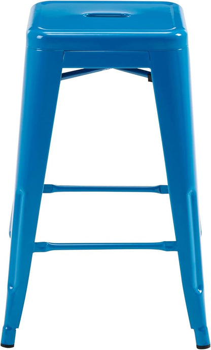 Vogue Furniture Direct 24 Inch Metal Bar Stools, Backless Counter Height Barstools, Indoor Outdoor Stackable Stools with Square Seat, Set of 4 (Blue)