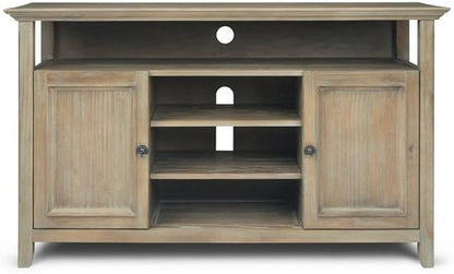 SIMPLIHOME Amherst SOLID WOOD Universal TV Media Stand, 54 inch Wide, Transitional, Living Room Entertainment Center, Cabinet, Shelves, for Flat Screen TVs up to 60 inches, Distressed Grey