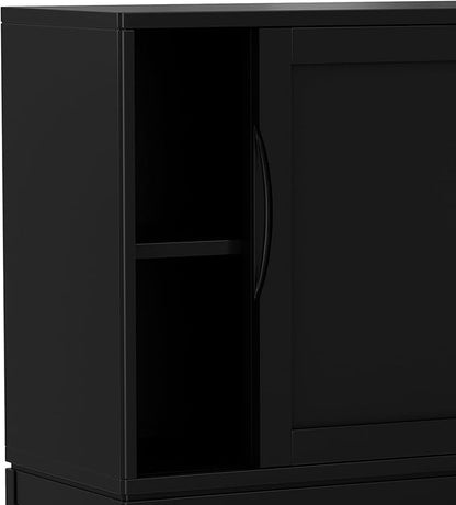 SIMPLIHOME Harper Storage Cabinet - 30 inch Wide Solid Hardwood 2-Shelf Low Console Cabinet in Black, Mid-Century Modern Cupboard for Living Room with Sliding Doors and Adjustable Shelves
