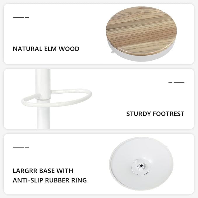 Kidol & Shellder Bar Stools Set of 4 Round Adjustable Swivel Barstools Modern Backless Bar Chairs Wooden Seat Counter Height Stools Armless for Kitchen Island, Cafe, Dining Room White